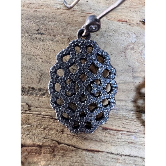 Pandora Sterling Silver Pavé Lace Oval Dangle Earrings S925 ALE, Cubic Zirconia - Picture 6 of 7